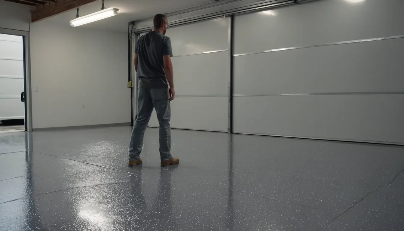 A freshly coated polyaspartic garage floor with a light flake blend in a home near Bremerton